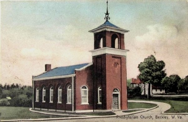 Postcard of the original sanctuary building, which was constructed on a nearby lot in 1909. Image obtained from the Beckley Presbyterian Church.