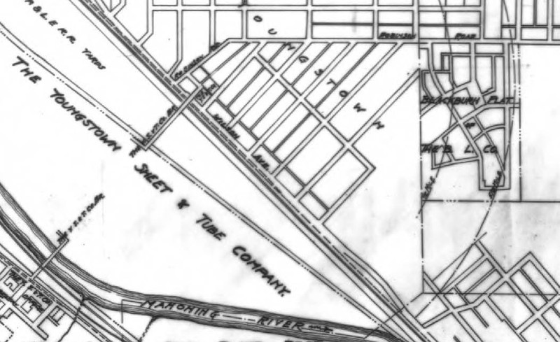 The Blackburn Plat can be seen in the top right corner in this section of a c. 1919 map showing the various housing developments of the Buckeye Land Company in relation to the Youngstown Sheet and Tube Company campus. (Source: Ohio Memory)