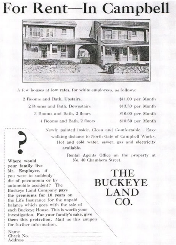 An advertisement for Blackburn Plat (Campbell) housing specifies the housing was for white employees. The section for African American steelworkers was "naturally segregated" with a separate entrance. (Source: Urban Ohio)