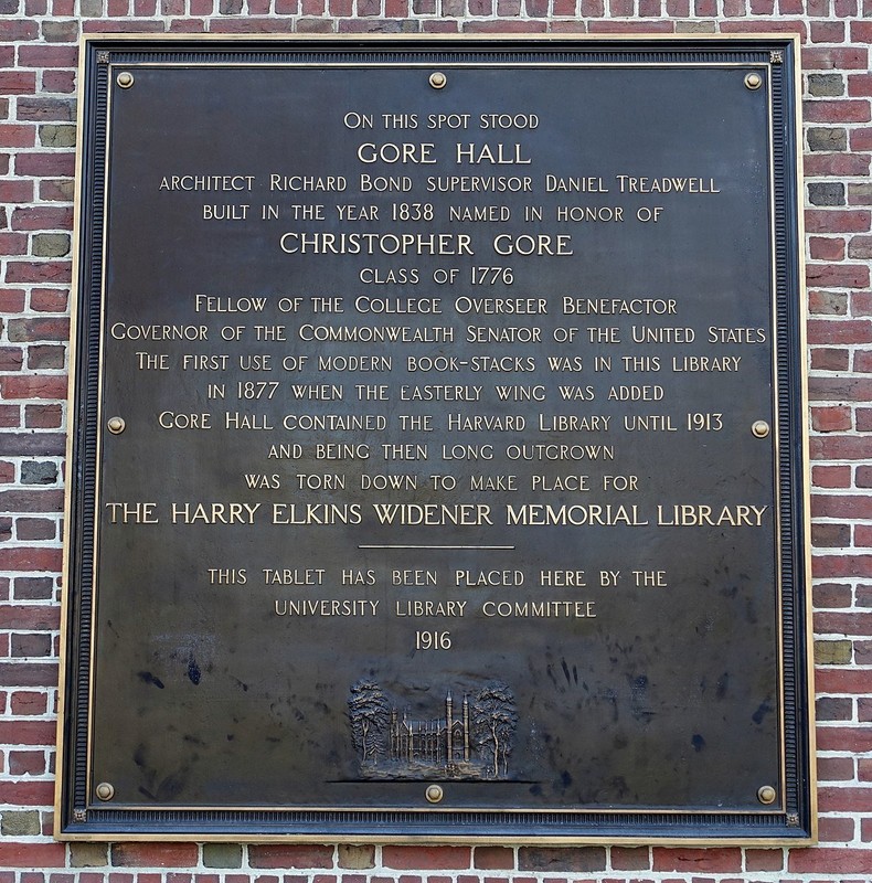 Plaque that sits outside Widener commemorating Gore Hall.