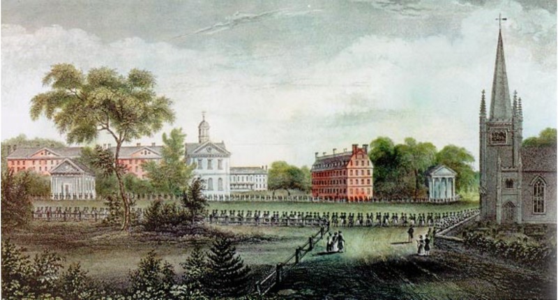 Illustration of a procession of Harvard alumni leaving the Meeting House of First Parish nearly two hundred years ago.