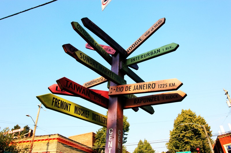 A picture of the Signpost at the Center of the Universe, it actually went missing in 2019 and the city made a replacement.