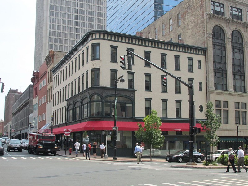 2013 Image of the Stackpole, Moore, and Tryon Building in Hartford, CT. Built in the mid-19th century, its cast-iron facade demonstrates the influence of the Industrial Revolution and architects in Chicago and New York. 