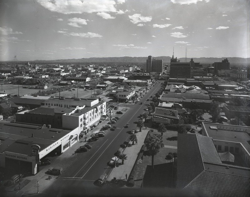 This photo taken in 1940 from the Westward Ho Hotel, shows the Madison Motors building/Ford, which is where the Cronkite building is now located. 