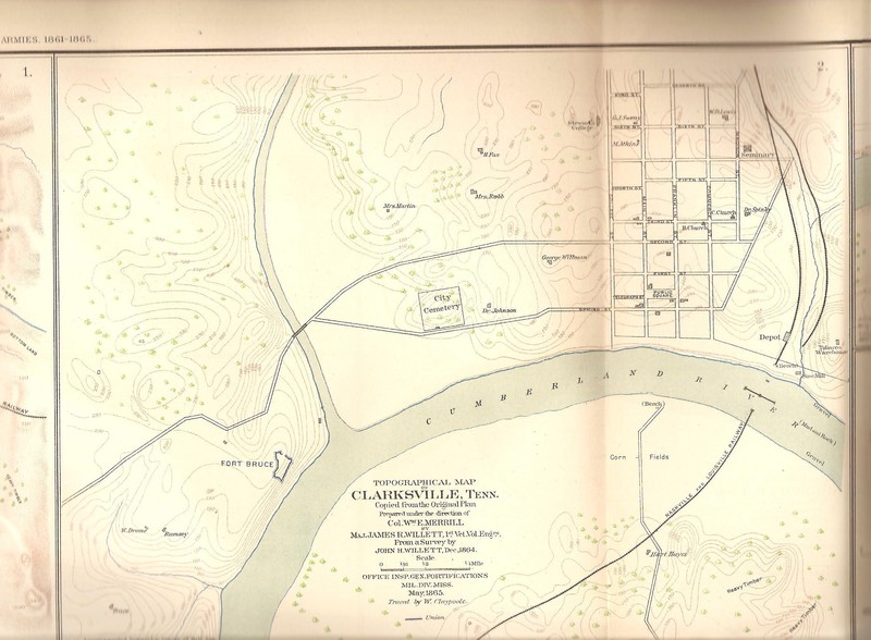 A map of Clarksville and the Cumberland River in 1865. Note Fort Bruce to the left, where the Red River merges with the Cumberland. The Fort was originally occupied and built by the Confederacy, but after swapping 3 times, fell into Union hands.