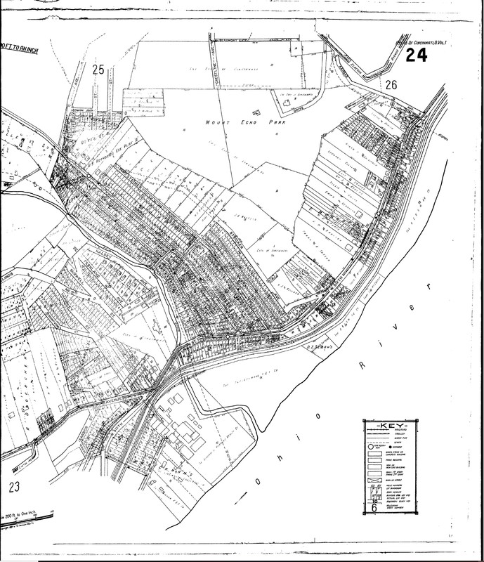 This map by the Sanborn Fire Insurance Company displays the various light industry firms which stood along the Ohio River prior to the River Road Improvements. The central business district is also visible in this map, surrounding River Road. 