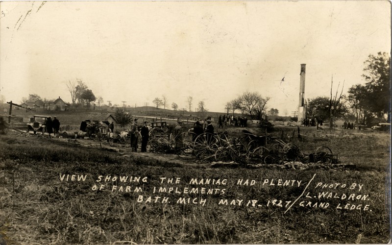 Kehoe shot his livestock and burned his farm equipment shortly before the massacre. The incredulous caption of this photo reads, "The maniac had plenty of farm implements"