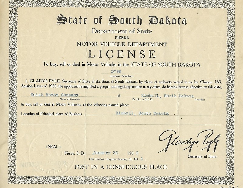 Motor Vehicle License signed by Secretary of State, Gladys Pyle
