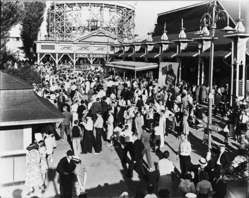 Youngstown Sheet and Tube Company employees at a picnic at Idora Park on Labor Day in 1939. The company sponsored an annual outing. The popular Jack Rabbit roller coaster is visible in the background.