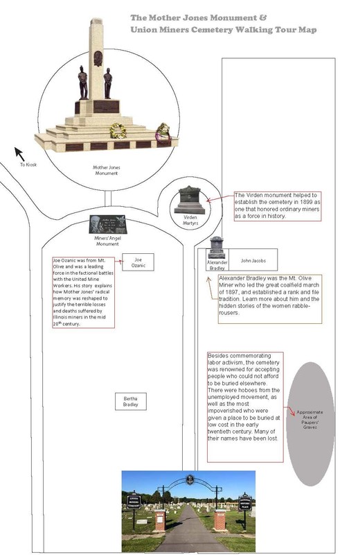 Overview: This map is also available at http://www.motherjonesmuseum.org/wp-content/uploads/2018/12/UnionMinerCemetery-12-10_Page_1.jpg, designed by Kate Klimut.
A fuller tour will also be available there by January 2019