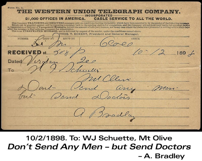 This telegram was sent by Alexander Bradley from Virden in the midst of the battle in 1898. 