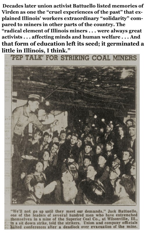 Jack Battuello, pictured in a sit-down in the Wilsonville mine in 1937, tells of the meaning of the Virden martyrs.