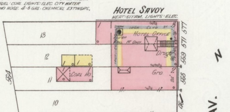 Hotel Savoy and two other businesses in General Palmer Hotel building in 1910 (Sanborn Map Company p.8)