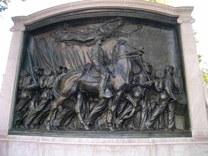 The memorial is a bronze relief sculpture by Augustus Saint-Gaudens and portrays the 54th Regiment Massachusetts Volunteer Infantry marching down Beacon Street on May 28, 1863.