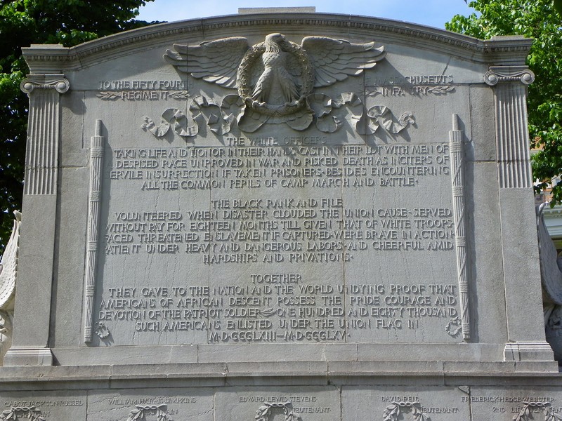 The back of the Robert Gould Shaw Memorial includes the name of the men who died at the Battle of Fort Wagner. 