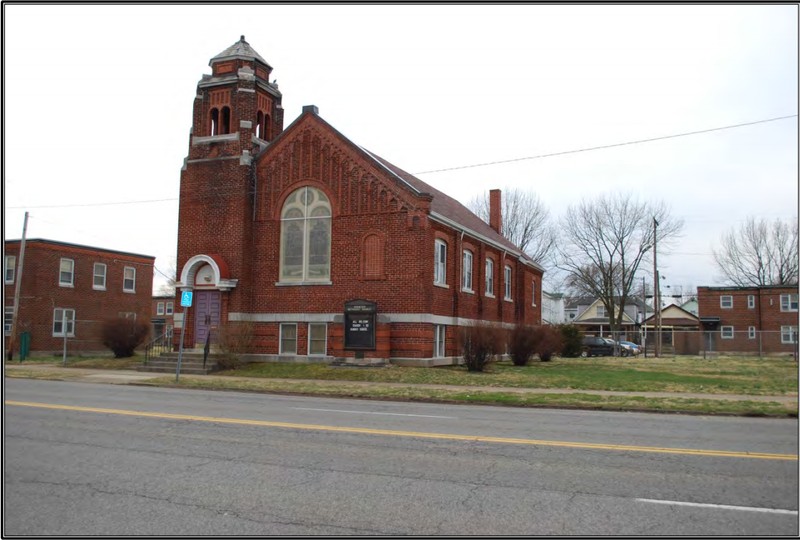  Façade (north) and west elevations of the Ebenezer United Methodist Church, looking to the south-southeast