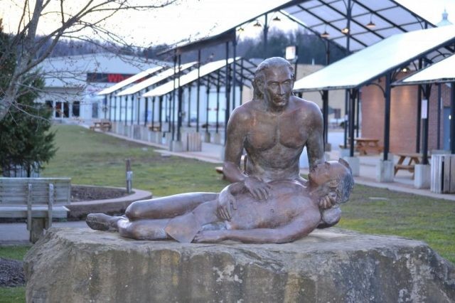 The 650-pound monument consists of a bronze sculpture sitting on a chiseled rock. It was installed in Buckhannon's Jawbone Park in 2000. Image obtained from the Mountain Arts District.