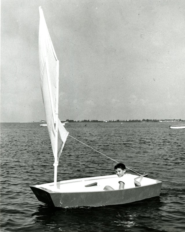 First Optimist Pram with skipper Clifford McKay Jr., Clearwater, Florida, circa 1948. 