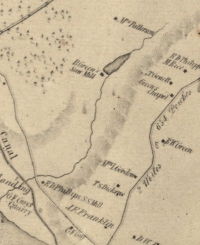 Detail from 1864 photograph of Smith’s Map, Henrico County (1853). (Source: Library of Congress). Benjamin “B.W.” Green’s residence, also indicated, still stands on Three Chopt Road.