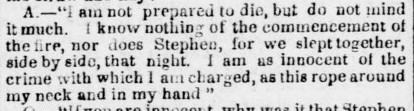 A portion of the dialogue between John Hutcheson and Washington, the enslaved man accused of setting fire to B.W. Green's barn and straw rick (from "Execution of Washington." Daily Dispatch (Richmond, VA), November 18, 1855)