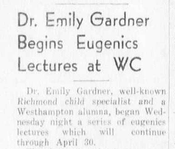 An announcement from 1935 in Richmond's student run newspaper, "The Collegian," about a lecture sponsored by the sciences about eugenics. 