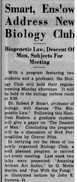 An article from Richmond's student run newspaper, "The Collegian," describing the school's biology club from 1937 that was focused on the biological differences between races. 