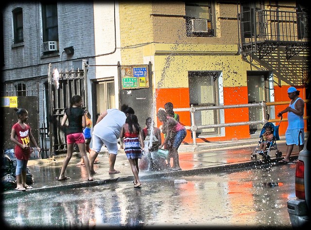 Broken fire hydrants can be a source of fun and relief during heat waves. During the Chicago Heat Wave of 1995, fire hydrants were sometimes intentionally uncapped to allow for some relief for residents, resulting in a water shortage in those areas. (Flic