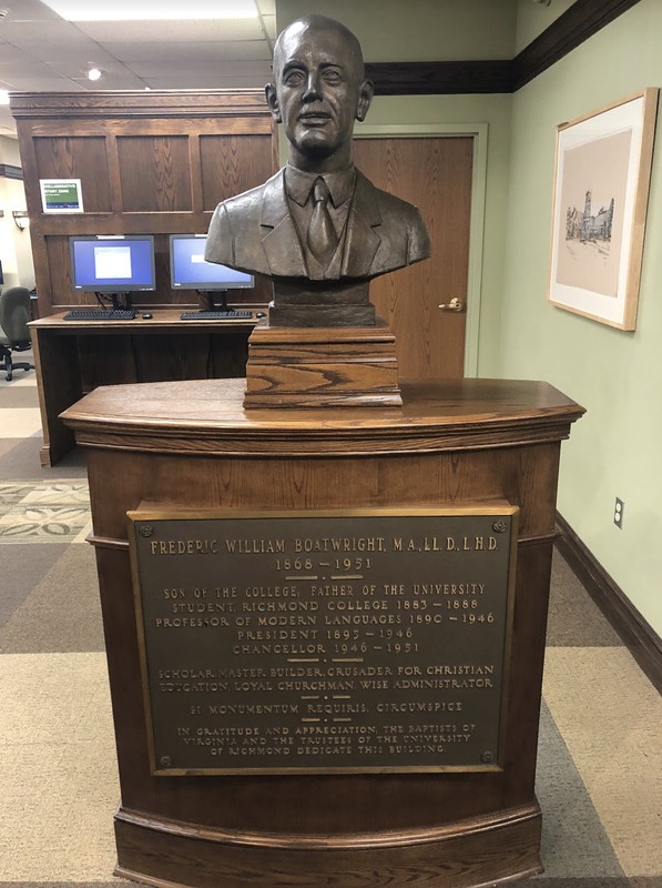 This bust details some of the achievements that Frederic William Boatwright accomplished in his lifetime, as well as detailing his tenure as president of the University of Richmond.