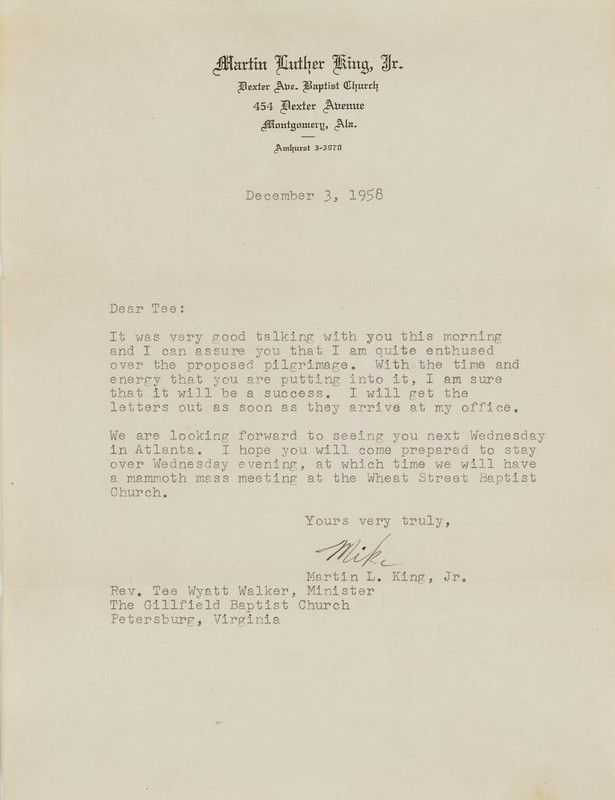 Letter from Martin Luther King Jr. to Wyatt Tee Walker.
Courtesy of the Dr. and Mrs. Wyatt Tee Walker Collection, Boatwright Library Rare Books and Special Collections, University of Richmond.