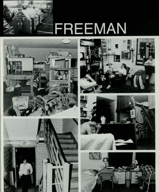 A photo from the 1981 yearbook of a Confederate flag hanging in a dorm room in Freeman Hall. (Source: Race & Racism Project)