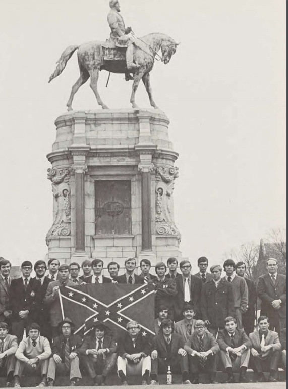 A 1971 yearbook photo of the Kappa Alpha fraternity holding a Confederate flag in front of the Robert E. Lee statue on Monument Avenue in Richmond, Virginia. (Source: Race & Racism Project)