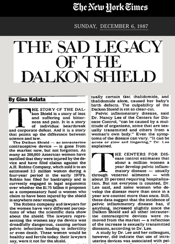 A 1987 article from The New York Times about the legacy of the A.H. Robins Company's Dalkon Shield. (Source: The New York Times)