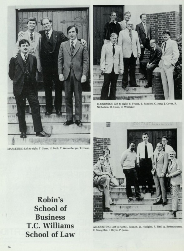 This photo is from the 1980 yearbook and features Dr. Ray Slaughter, the first Black professor in the business school, in the bottom right with the accounting department faculty members. (Source: Race & Racism Project)