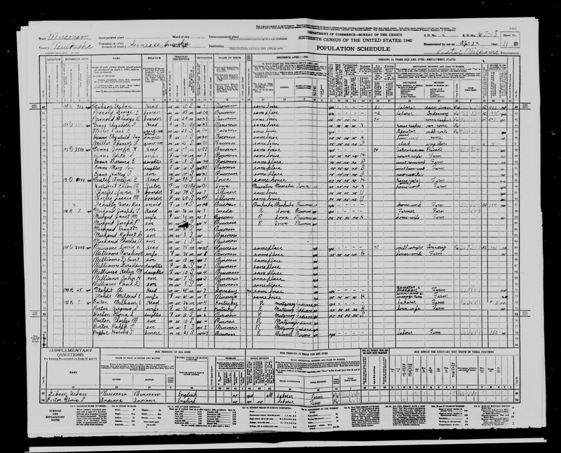 1940 Census showing Joseph (with his middle initial incorrectly put as a U instead of the correct H) with his family