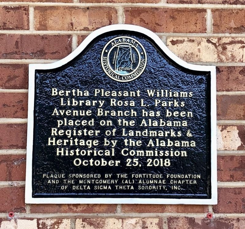 Plaque marking the Bertha Pleasant Williams library as a historical landmark in 2018