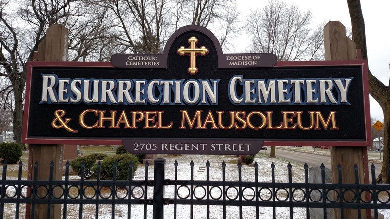 Sign for Resurrection Cemetery, located at the corner of Regent Street and Speedway Road. Photo by Peter Wagner