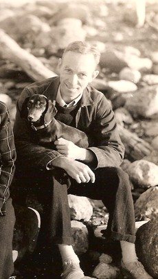 E. B. White with his dog, Minnie, on the coast of Maine.
Photo by White Literary LLC via Wikimedia Commons.