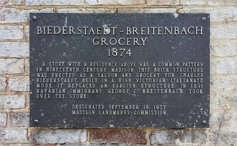 Madison Landmarks Commission Plaque on side of Biederstaedt Grocery (Steakley 2009)