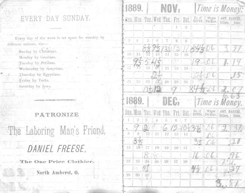 This is a pay book used for the quarry in 1889. It was used to document all the hours and the money earned throughout the weeks.