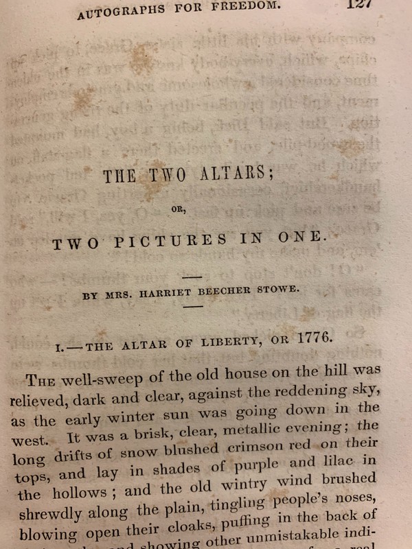 "The Two Altars" is a story by Harriet Beecher Stowe, included in "Autographs for Freedom."