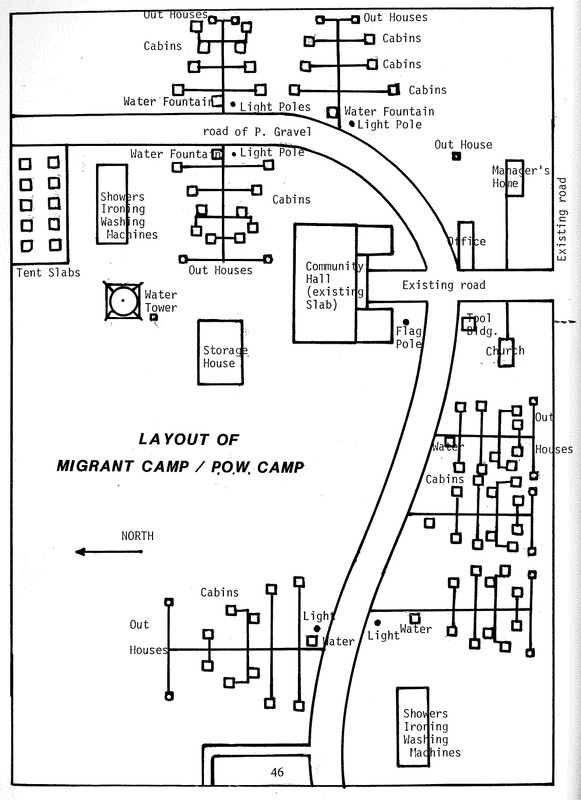 This is the original site layout of the Princeton POW Camp, which was originally constructed as a migrant labor worker camp. It was easy to convert because it was already equipped with bunks to properly house a large number of people.