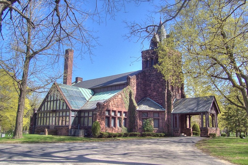 Landmark Chapel at Forest Home Cemetery.  Built in 1890 out of Wisconsin sandstone and designed by architects George Ferry and Alfred Clas. [1]