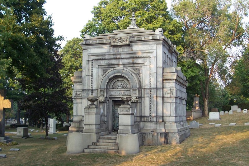 Ornate mausoleum of prominent brewer Valentin Blatz.  The baroque structure has several imperial design features and is from the late 1800s. [1]