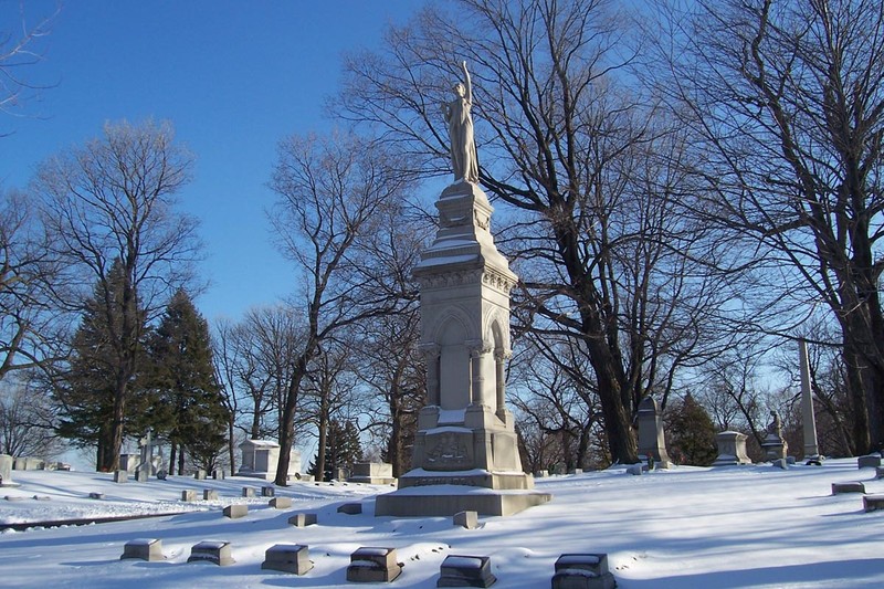 Large funeral markers, like Joseph Schiltz's towering obelisk, were meant to reflect the prestige and wealth of their patrons. Like the other major brewing families, this marker is from the late 1800s. [1]