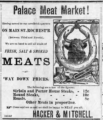 Newspaper advertisement for Thomas W. Hacker's Palace Meat Market, 1886