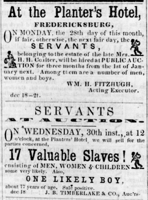 An advertisement for slave auctions to be held at the Planters' Hotel, location of the auction block