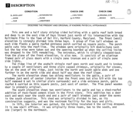 Form from survey describing the materials and construction of the building