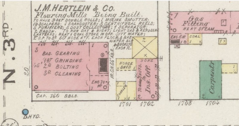 Underwood Building ("Ins. Off.") in red (brick) on 1885 Sanborn map of Lafayette, Indiana (Sanborn Map Company p. 4)