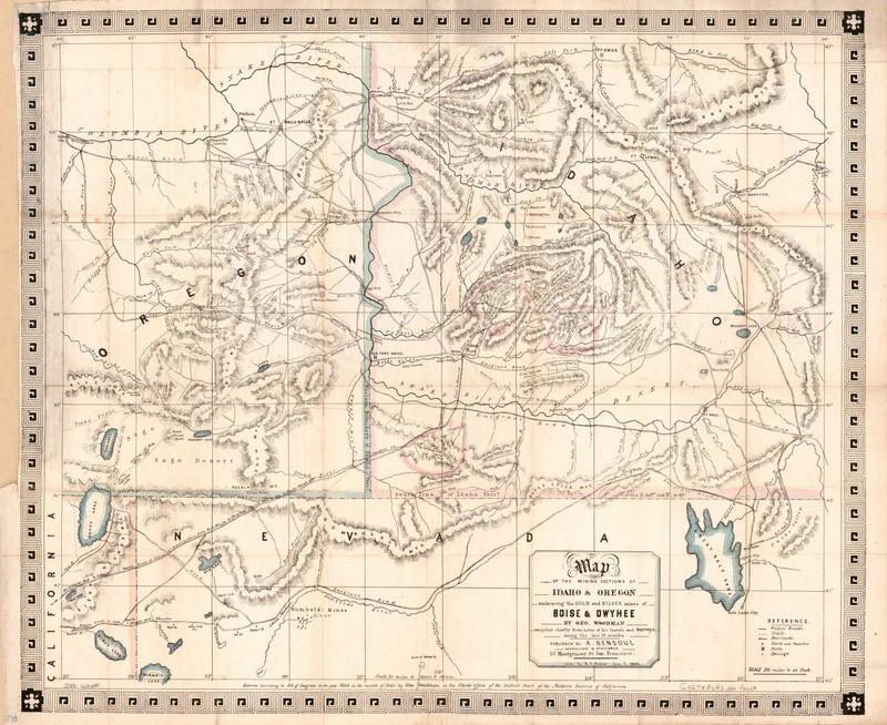 1864 mining map of Idaho and Oregon; Ft. Lapwai is noted as a "U.S. Post" to the southeast of Lewiston, Idaho