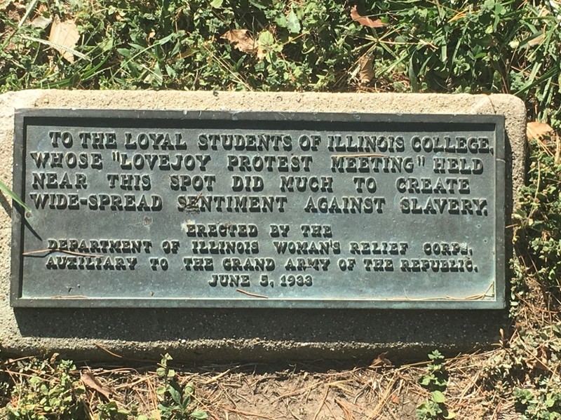 The Elijah Lovejoy Memorial is located on the Illinois College campus.